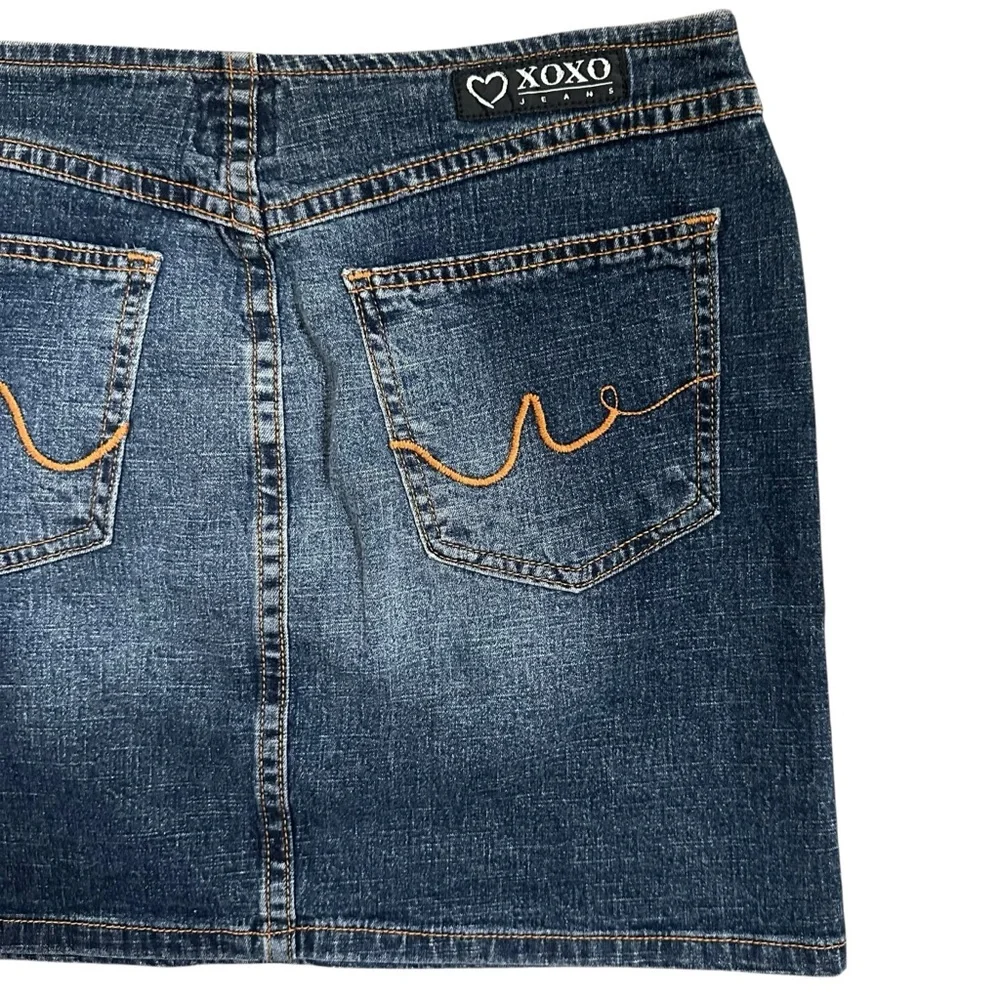 Y2K Xoxo Low Rise Exposed Zipper Dark Wash Faded Denim Mini Skirt Size 5/6 JR
